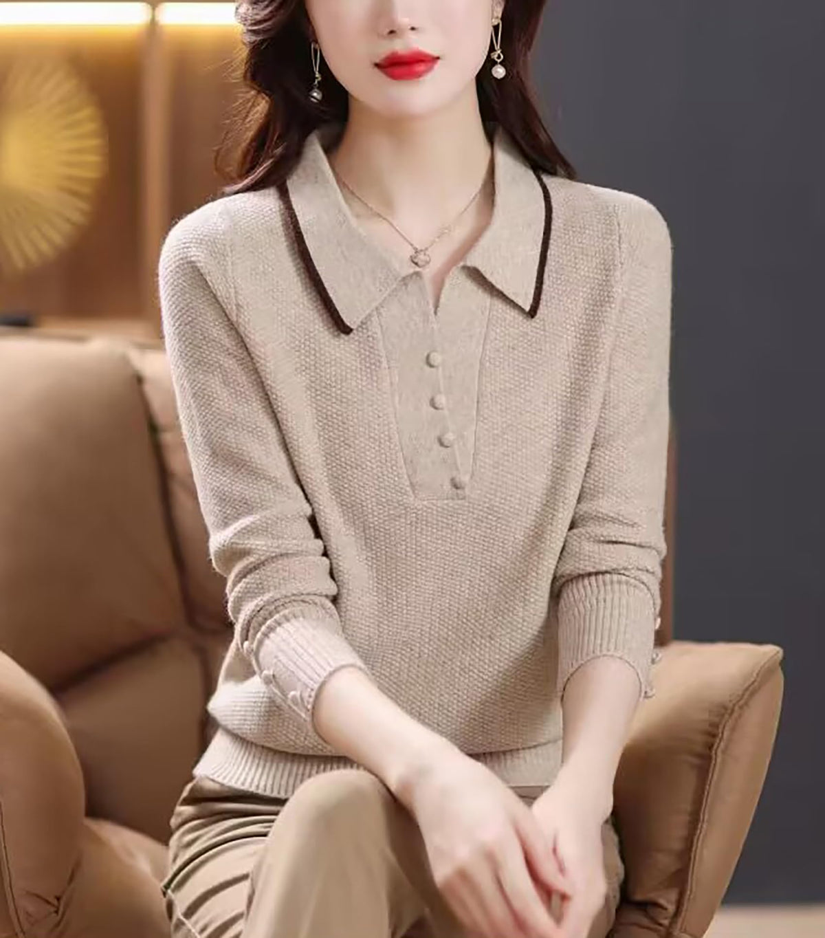 Fine-Knit Polo Top with Contrast Collar & Layered Look Sweater