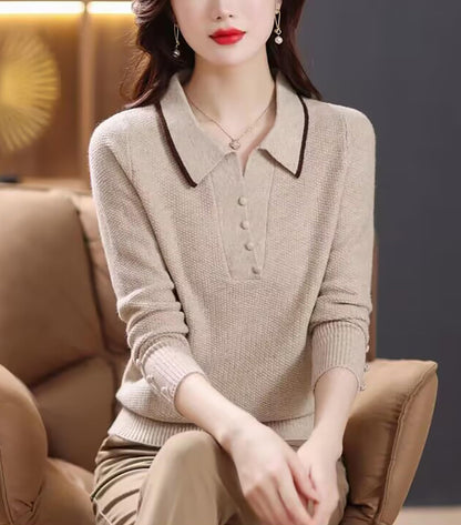 Fine-Knit Polo Top with Contrast Collar & Layered Look Sweater