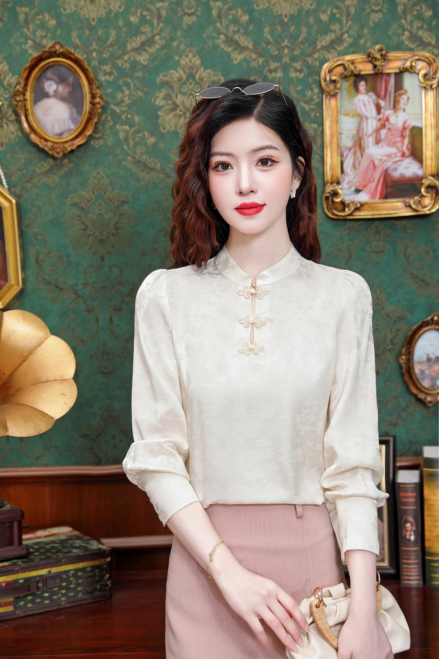 Women's Silk Satin Mandarin Collar Long Sleeve Blouse Top - LAI MENG FIVE CATS