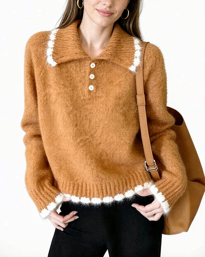 Contrast Trim Knit Polo Sweater | Soft Long Sleeve Pullover