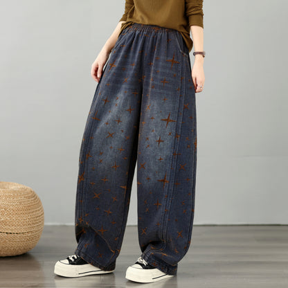 28677-Vintage Brown Star Print Denim Wide Leg Pants with Elastic Waist