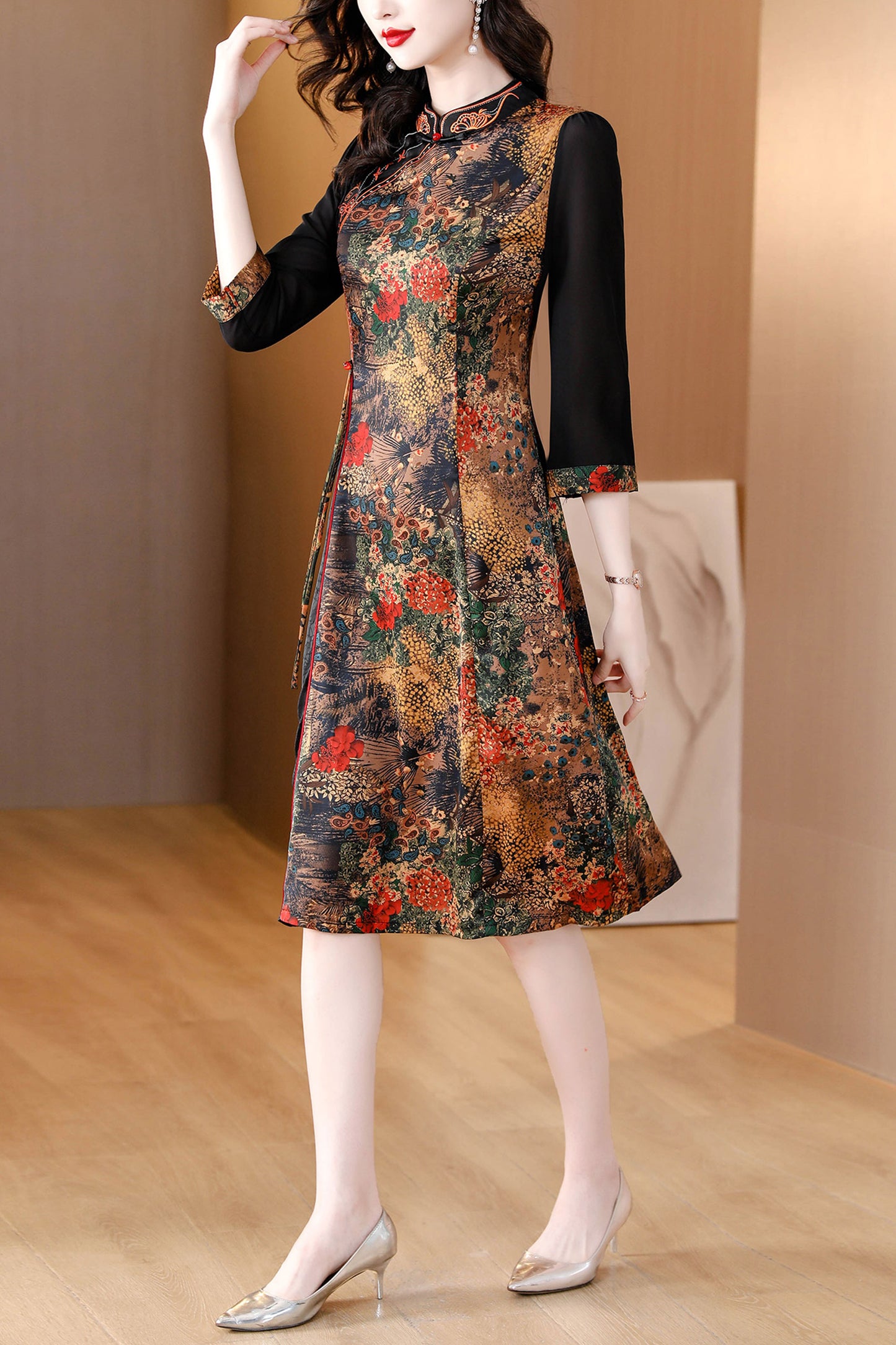 Brown Floral Cheongsam Fake Two Pieces Dress