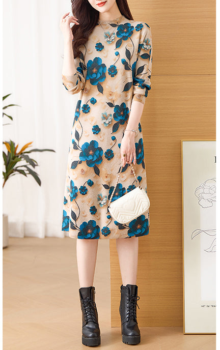 Women's Fall Long Sleeve Knitted Sweater Midi Dress