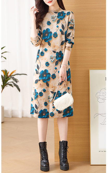 Women's Fall Long Sleeve Knitted Sweater Midi Dress