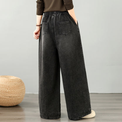 28668-Vintage Denim Wide-Leg Pants with Embroidery &Elastic Waist