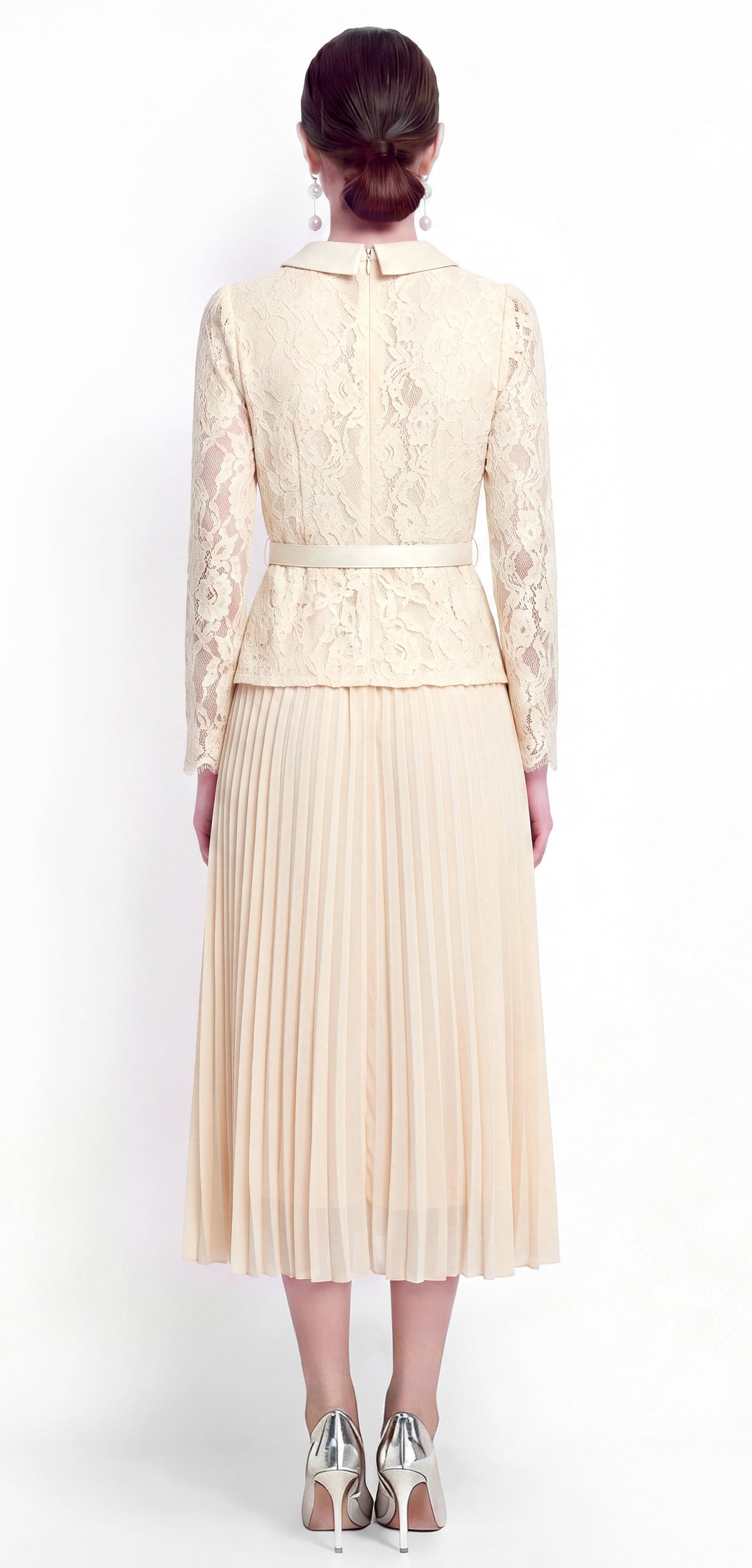 28729 Elegant Lace Pleated Midi Dress with Belt – 4 Colors