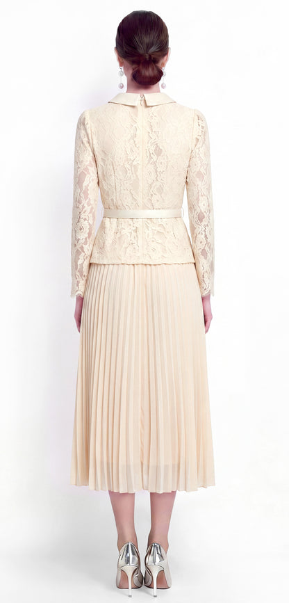 28729 Elegant Lace Pleated Midi Dress with Belt – 4 Colors