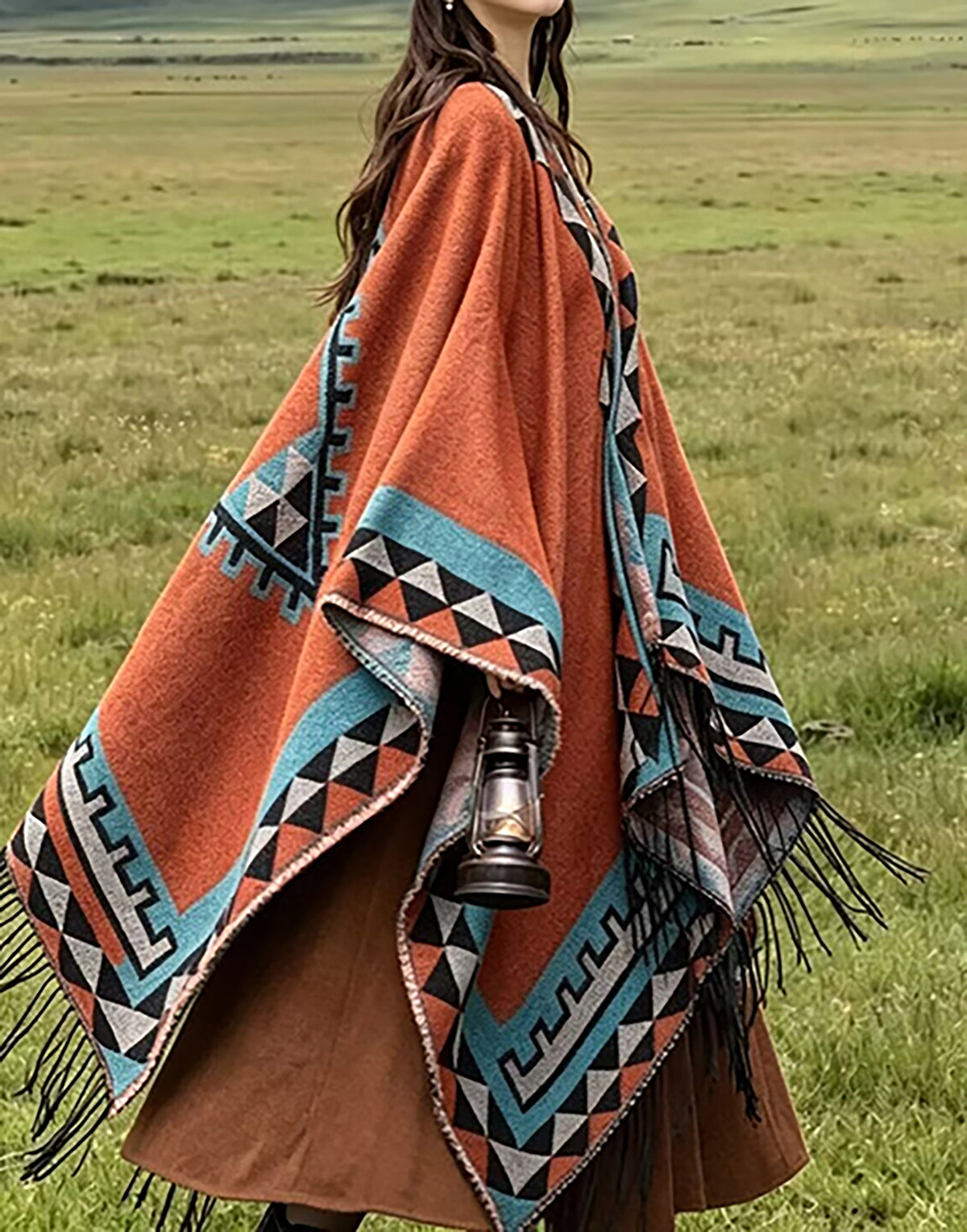 28690-Women's Printed Fringe Travel Shawl – Rust & Teal - LAI MENG FIVE CATS