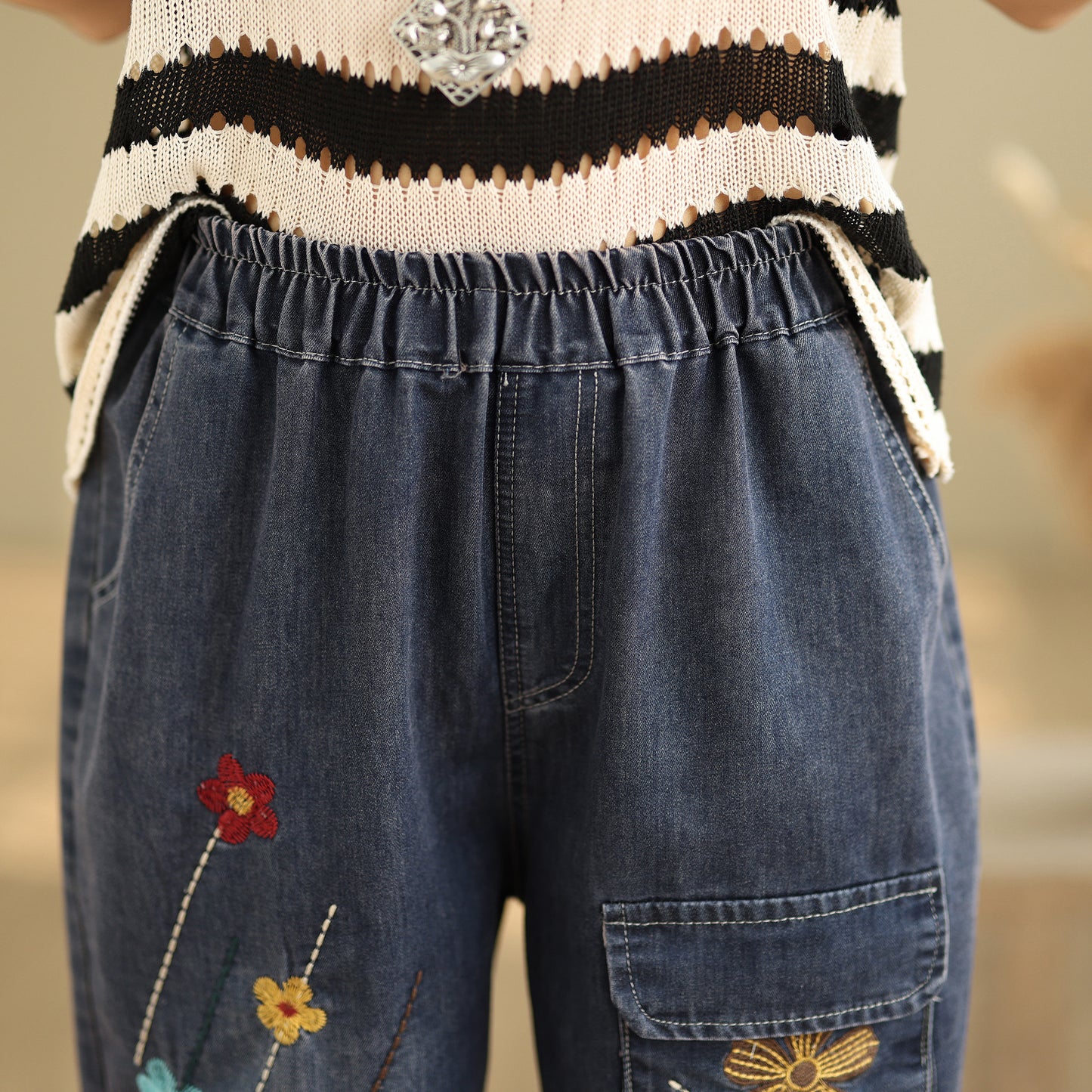 Women Denim Jeans Elastic Waist Harem Short Pants