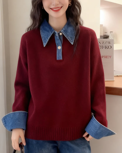 Denim Collar Color-Block Knit Sweater – Faux Two-Piece Long Sleeve Top - LAI MENG FIVE CATS