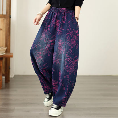 Vintage Print Denim Jeans for Women - High-Waisted, Loose-Fit Harem Pants