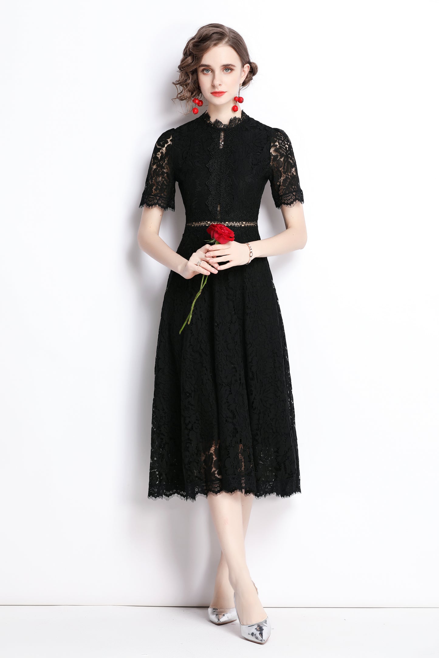 SSY-Women's Short Sleeve Lace Cocktail Midi Dress
