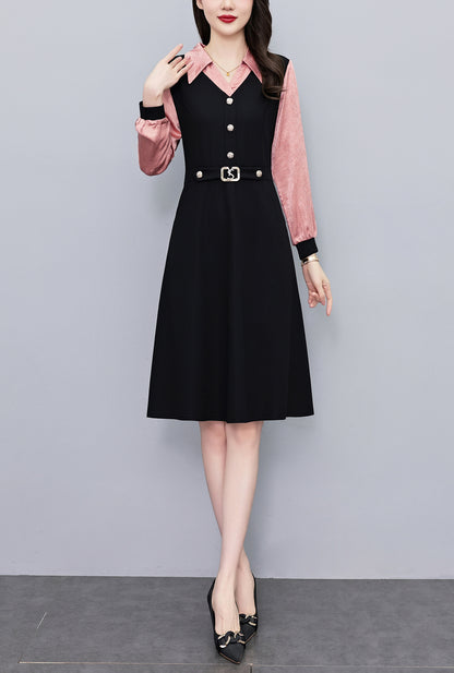 Women's Lapel V-Neck Pocket Long Sleeve Black Dress