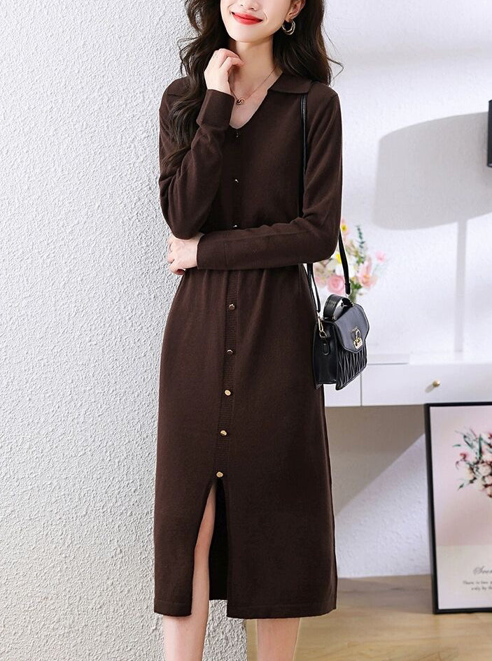 Elegant Lapel V-Neck Knit Midi Dress: Button Decoration & Belted Waist