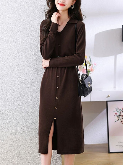 Elegant Lapel V-Neck Knit Midi Dress: Button Decoration & Belted Waist