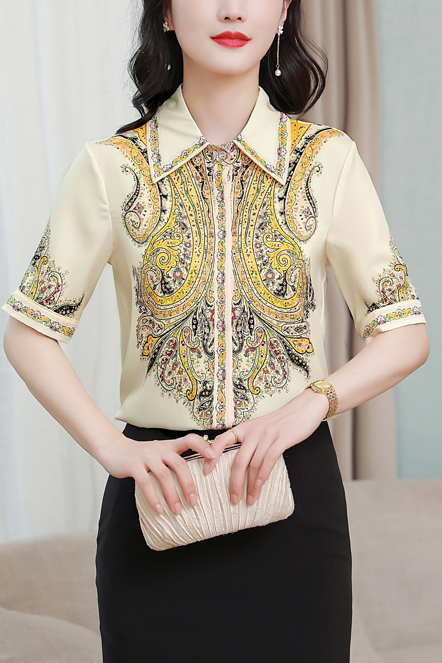 Women's Collared Floral Print Blouse Short Sleeve Tops