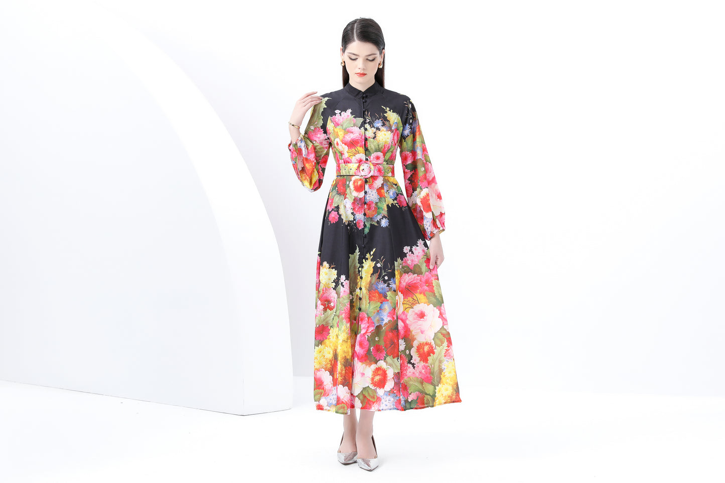 Women's Floral Print Puff Sleeve Maxi Dress