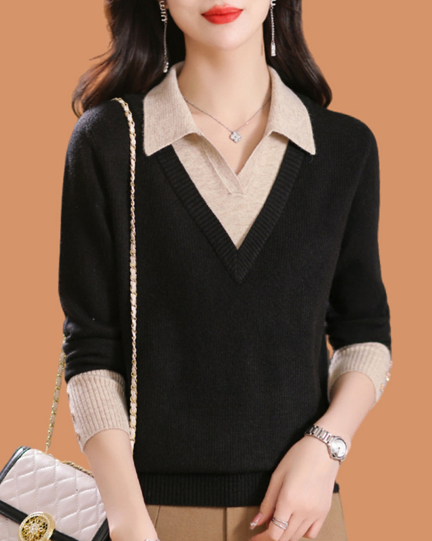 Elegant Layered Knit Sweater with Polo Collar Long Sleeve Knit Pullover - LAI MENG FIVE CATS