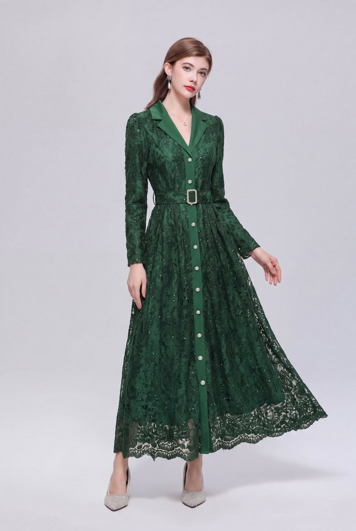 28680-Lace Belted Blazer Dress – Pink & Forest Green | Long Sleeve A-Line Dress