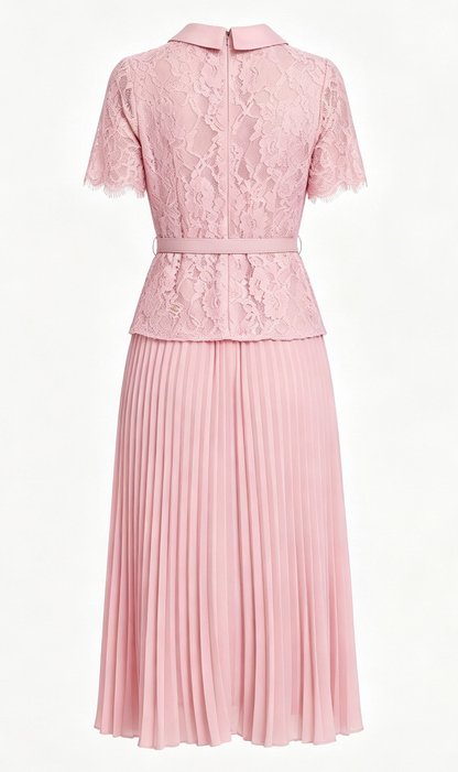 Lace Pleated Midi Dress | Elegant Fake Two-Piece Collared Dress