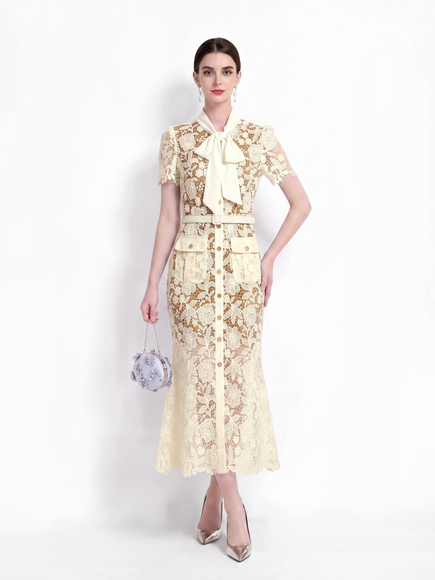 Butter Yellow Tie Neck Lace Button Up Midi Dress LAI MENG FIVE CATS Butter Yellow Tie Neck Lace Button Up Midi Dress LAI MENG FIVE CATS
