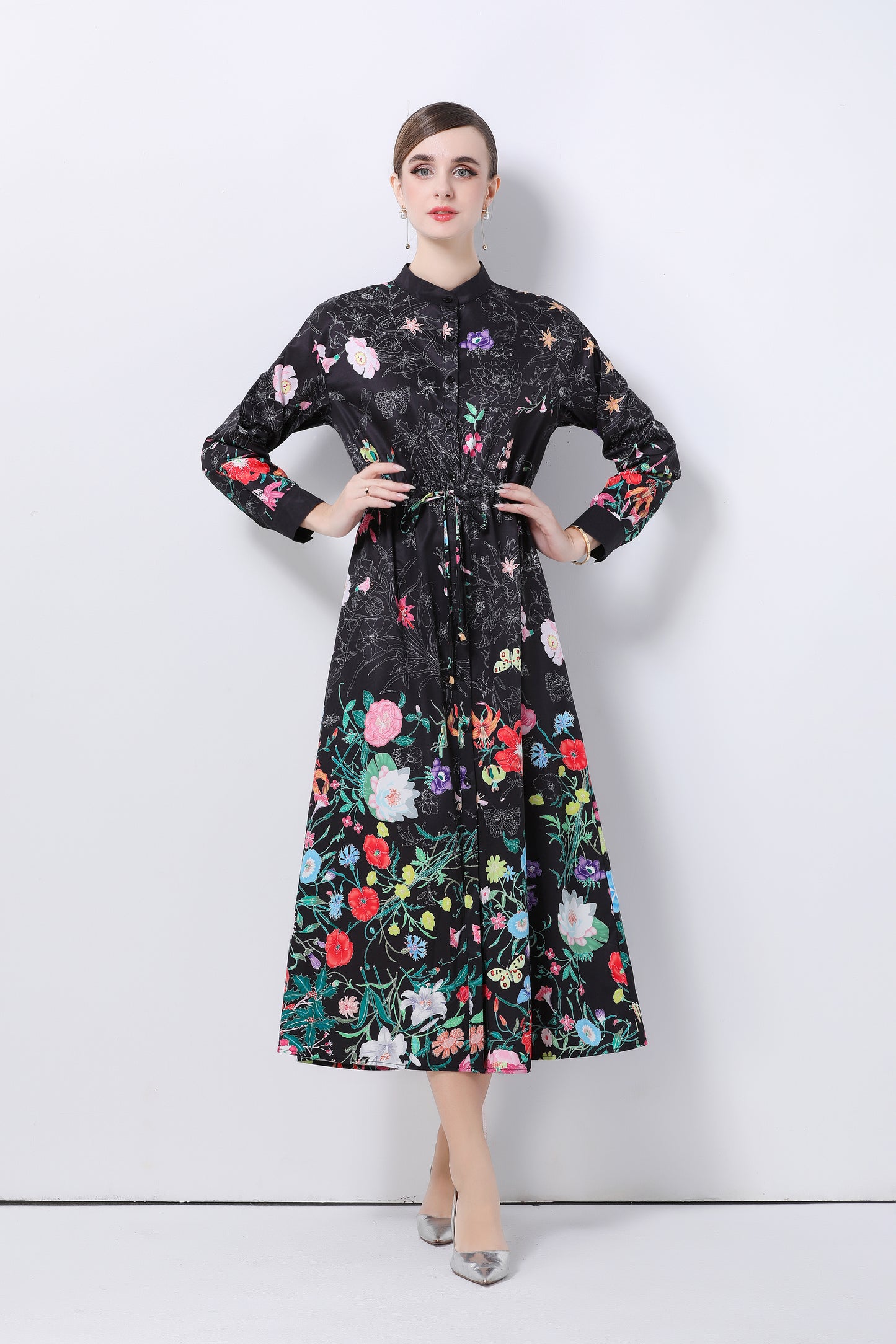 Women's Floral Print Flowy Button Split Maxi Dress
