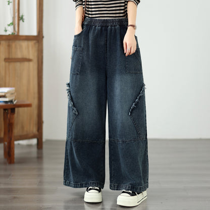 Vintage Denim Wide Leg Pants - Women's Patchwork Jeans Trousers