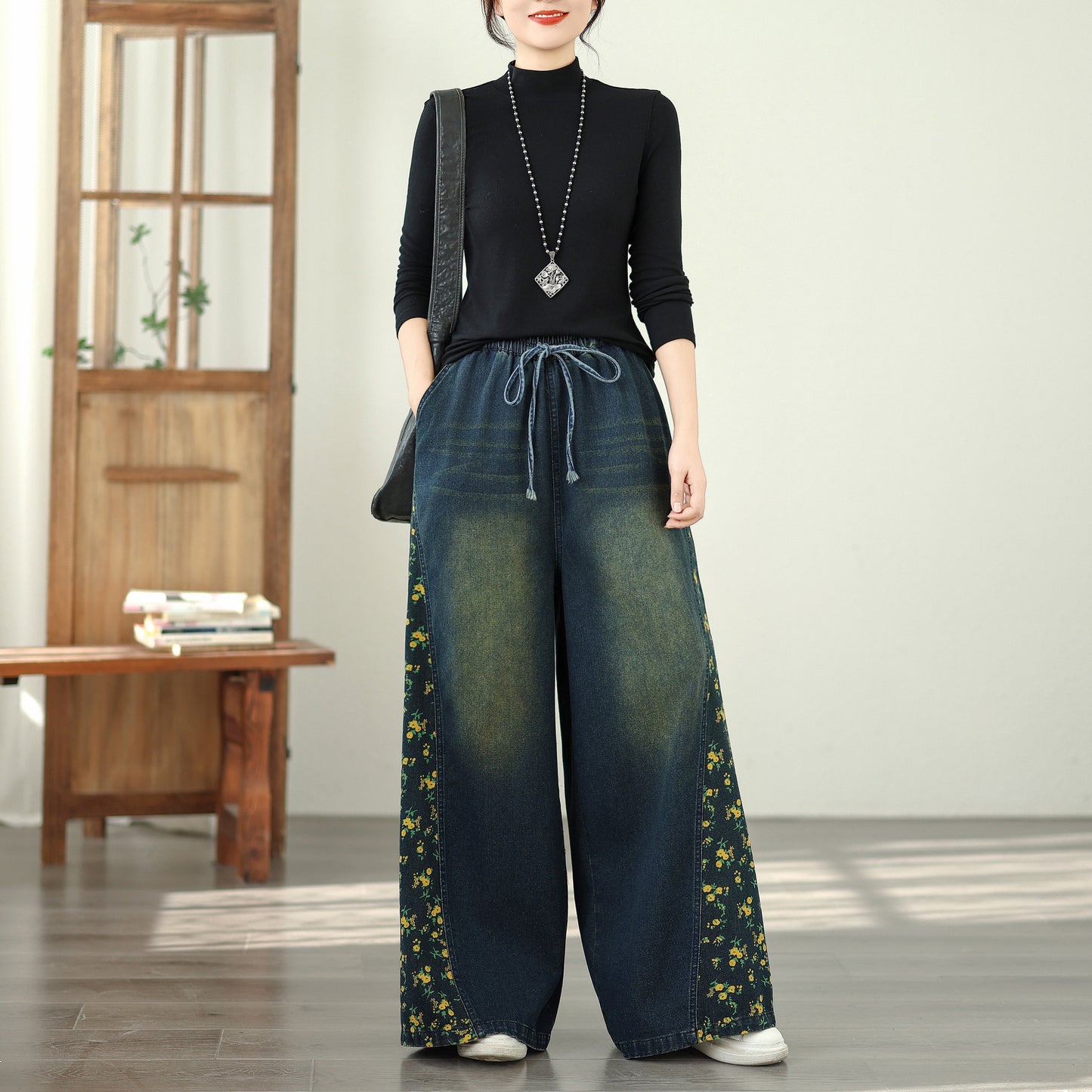 Women's Denim Wide Leg Baggy Jeans Drawstring Waist Pants - LAI MENG FIVE CATS