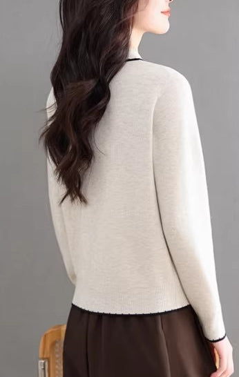 Contrast Trim Bow Collar Knit Top Long Sleeve Soft Sweater