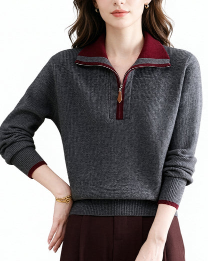 Contrast Collar Half-Zip Knit Sweater – Chic Colorblock Ribbed Pullover