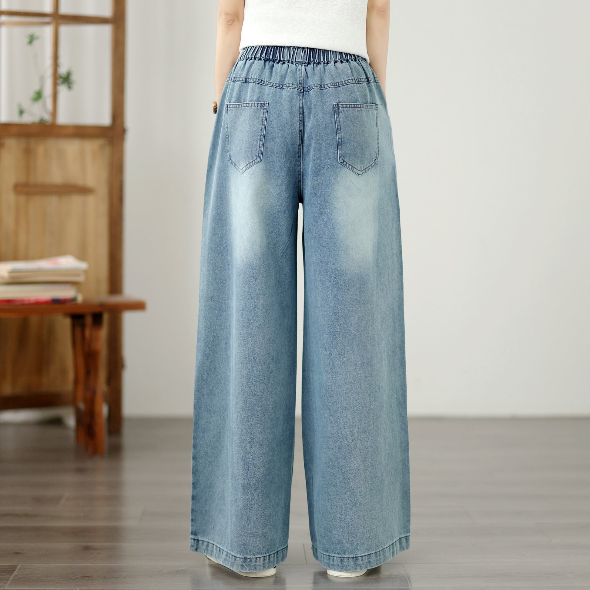 Women's Wide Leg Jeans Elastic Waist  Casual Loose Curved Pants - LAI MENG FIVE CATS