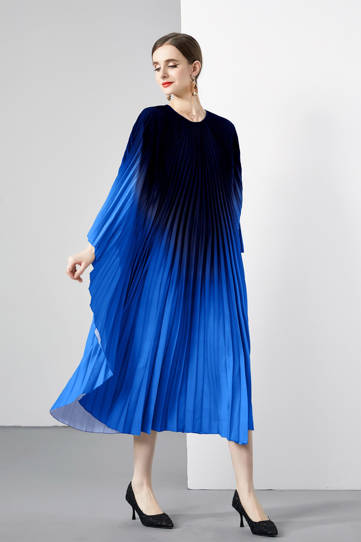 Blue Elohoegant Batwing Sleeve Pleated Maxi Casual Flowy Loose Dress