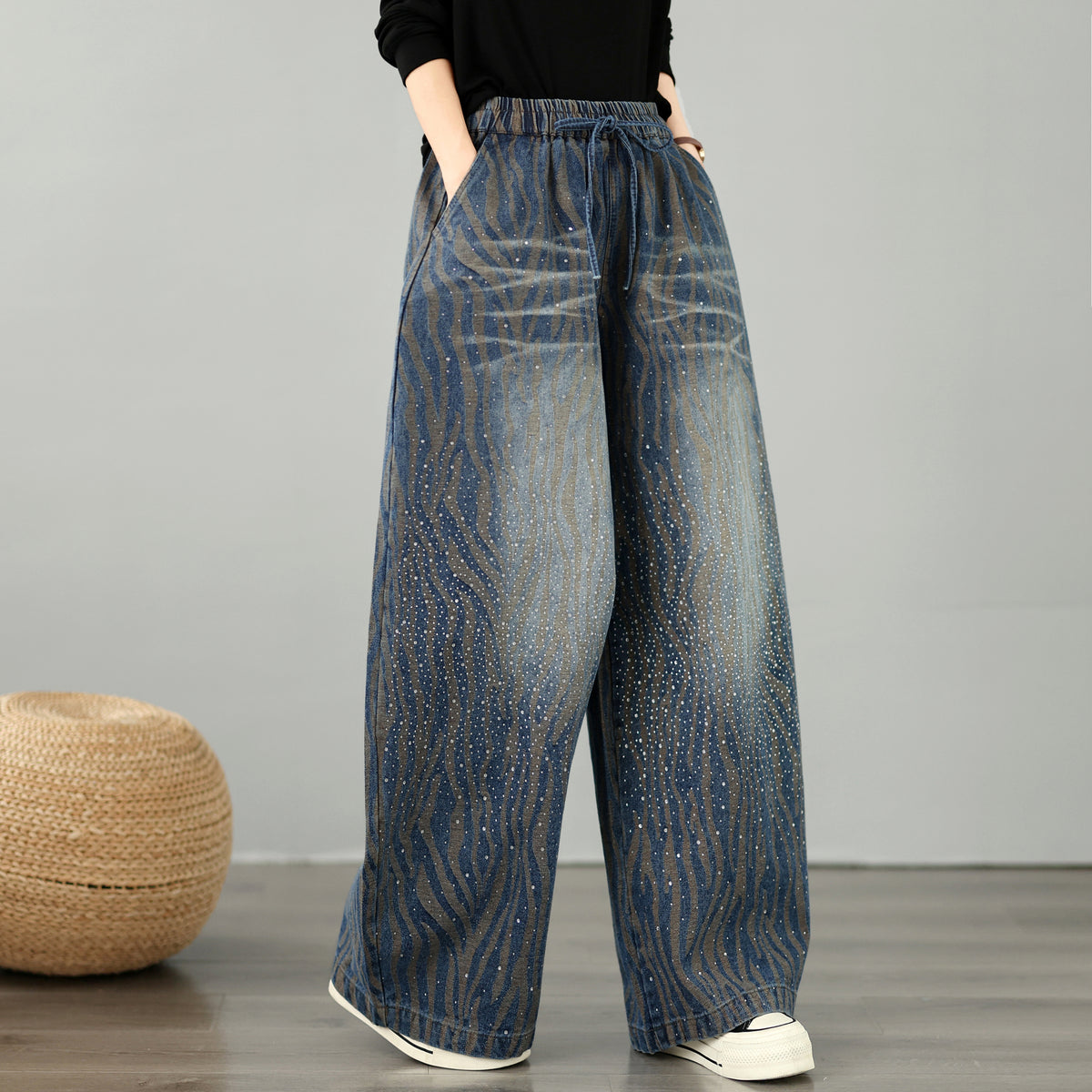 28678-Vintage Wavy Stripe Denim Wide-Leg Pants with Drawstring Waist