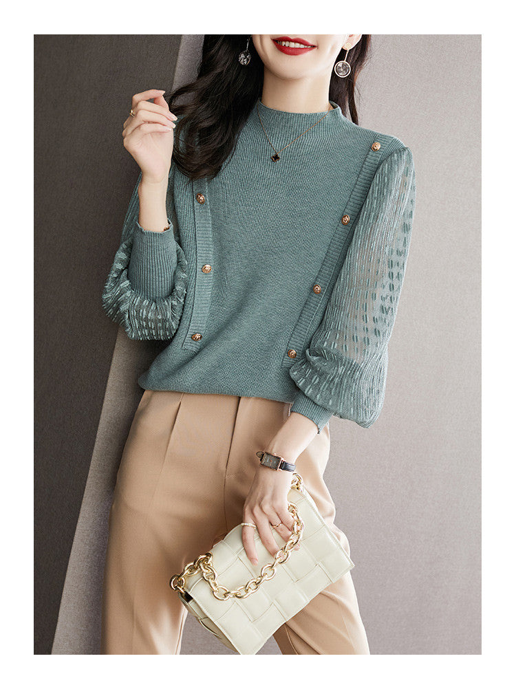 Soft Mock Neck Puff Sleeve Knit Top | Pink & Sage Green