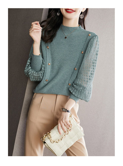 Soft Mock Neck Puff Sleeve Knit Top | Pink & Sage Green