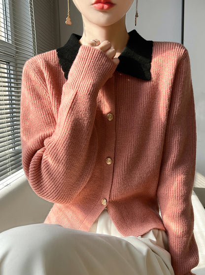 Chic Contrast Collar Knit Cardigan – Vintage Button Ribbed Sweater Top