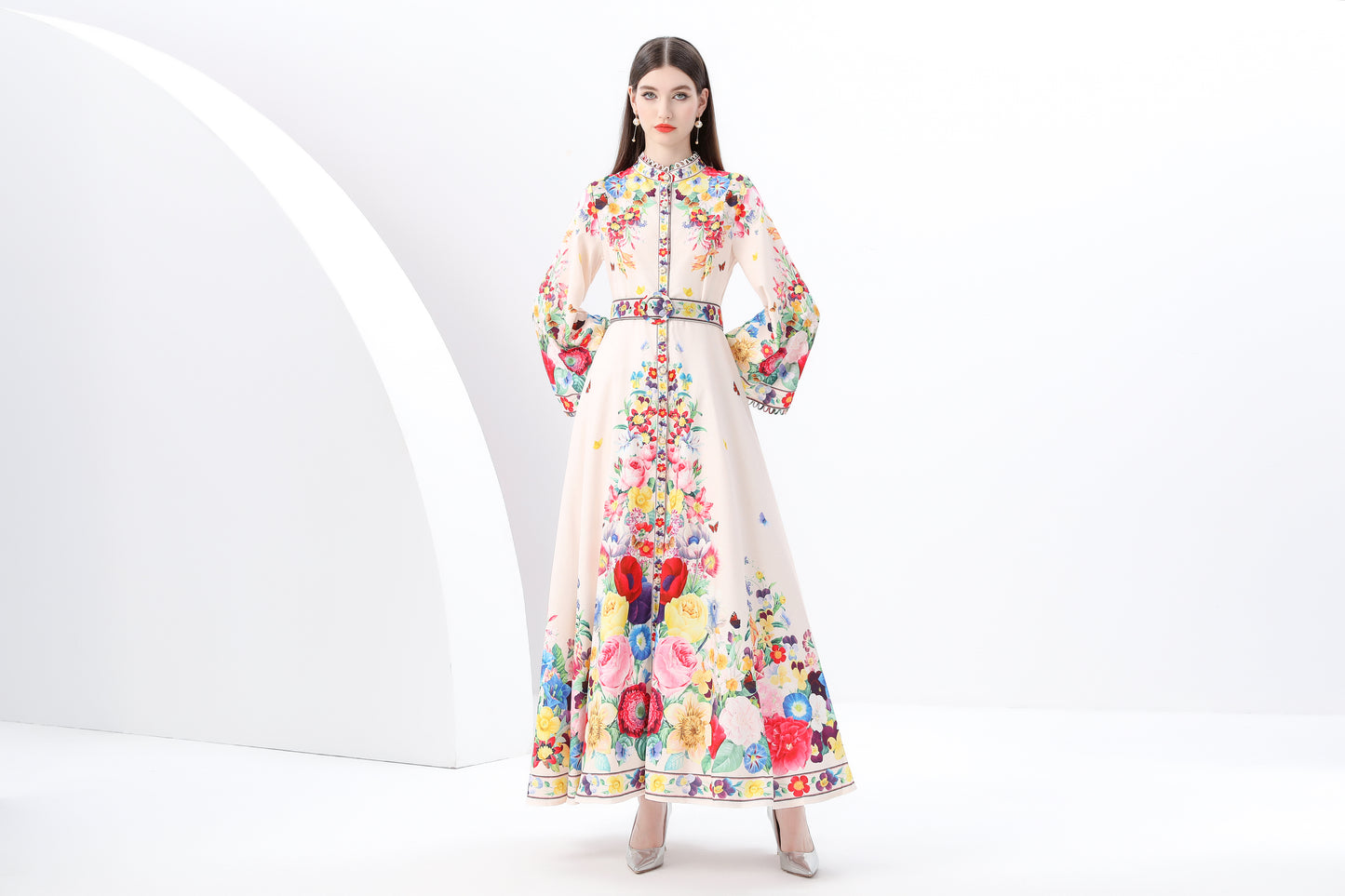 Women's Printed Button Flared Long Sleeves Maxi Dress