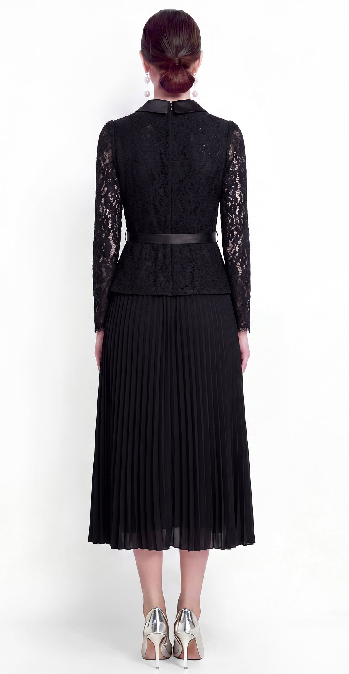 28729 Elegant Lace Pleated Midi Dress with Belt – 4 Colors