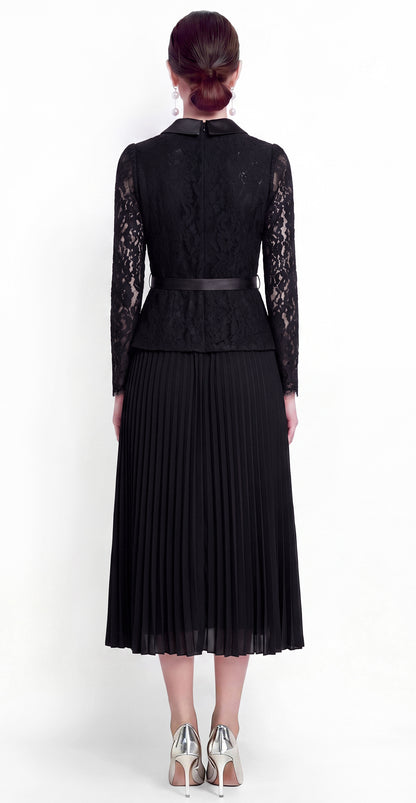 28729 Elegant Lace Pleated Midi Dress with Belt – 4 Colors