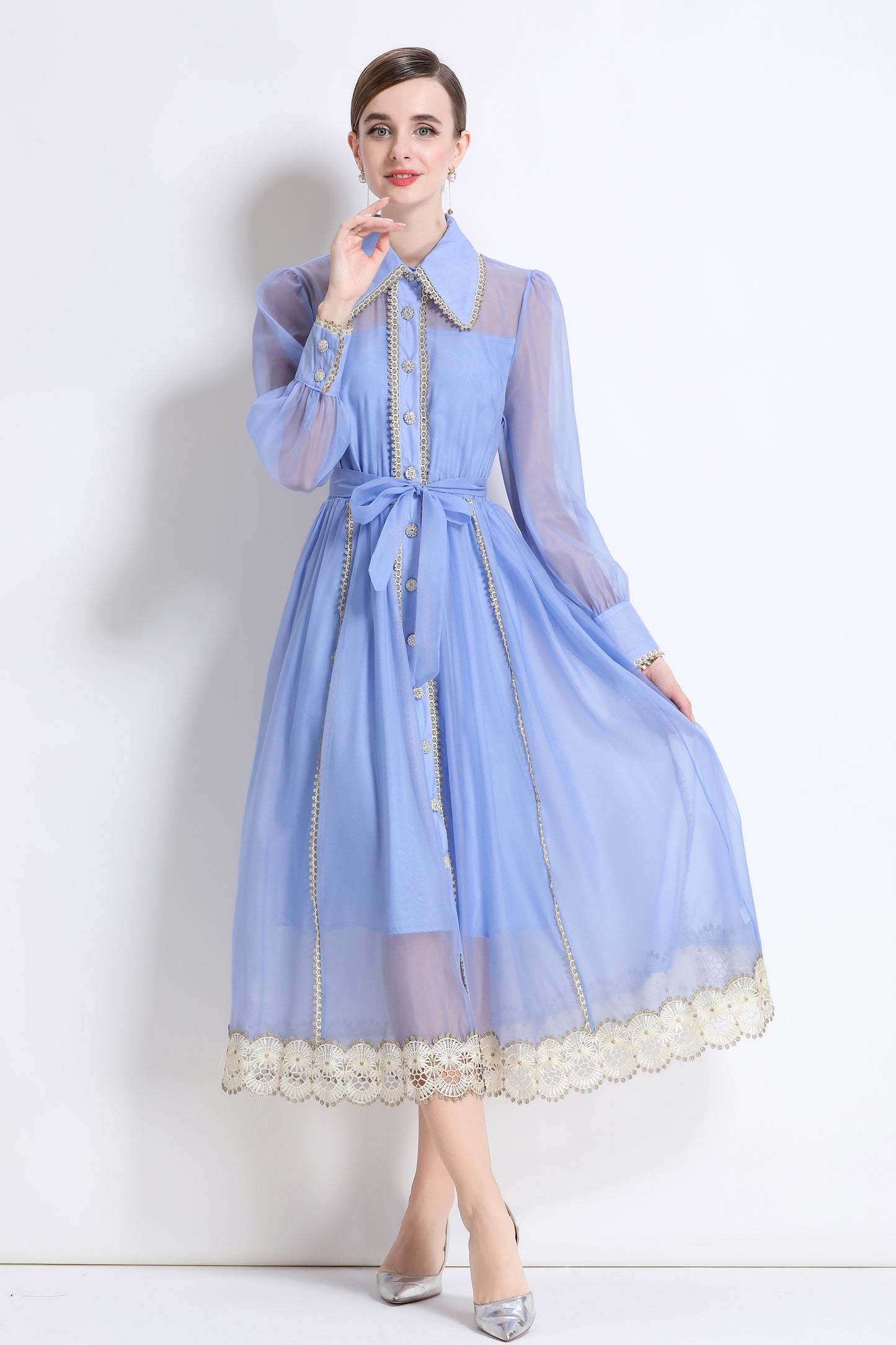 Women's Organza Lapel Neck Lace Midi Dress