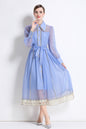 Women's Organza Lapel Neck Lace Midi Dress