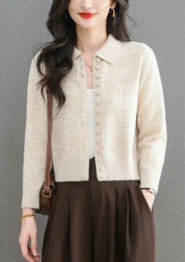 Textured Knit Zip-Up Cardigan Polo Collar Cropped Outerwear
