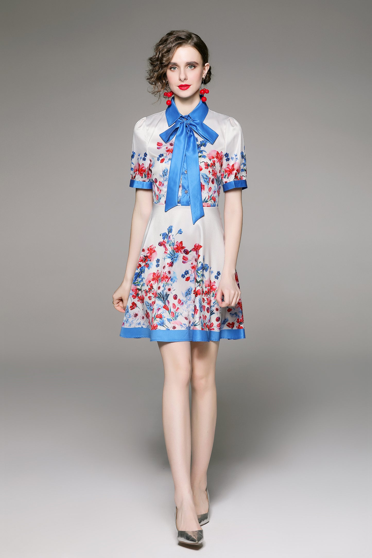 SSY-Women's Floral Lapel Collar Short Sleeve Mini Dress