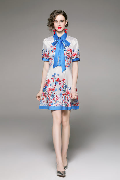 SSY-Women's Floral Lapel Collar Short Sleeve Mini Dress