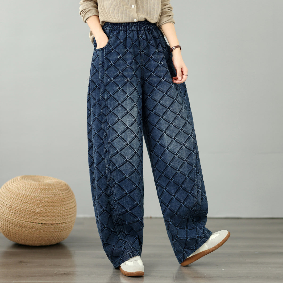28674-Vintage Plaid Denim Wide Leg Pants with Drawstring Waist