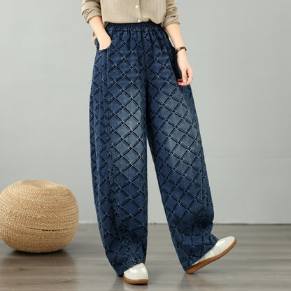 28674-Vintage Plaid Denim Wide Leg Pants with Drawstring Waist