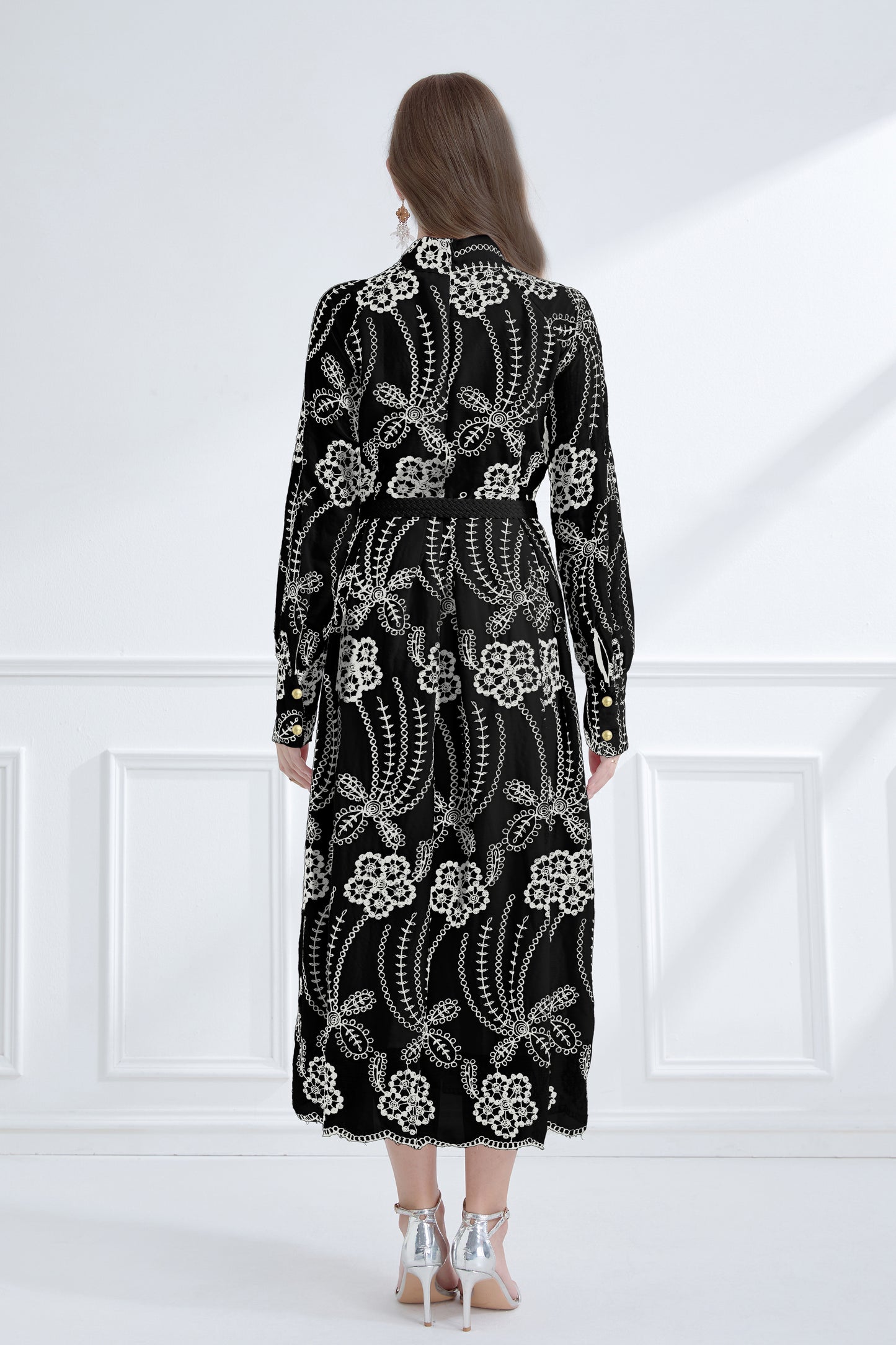 Women's Mandarin Collar Embroidered Button Maxi Dress