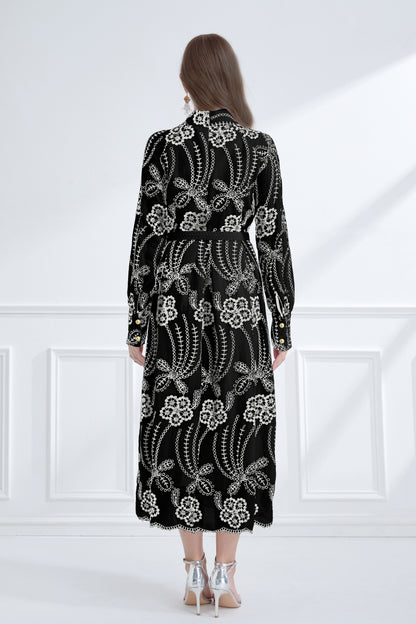 Women's Mandarin Collar Embroidered Button Maxi Dress