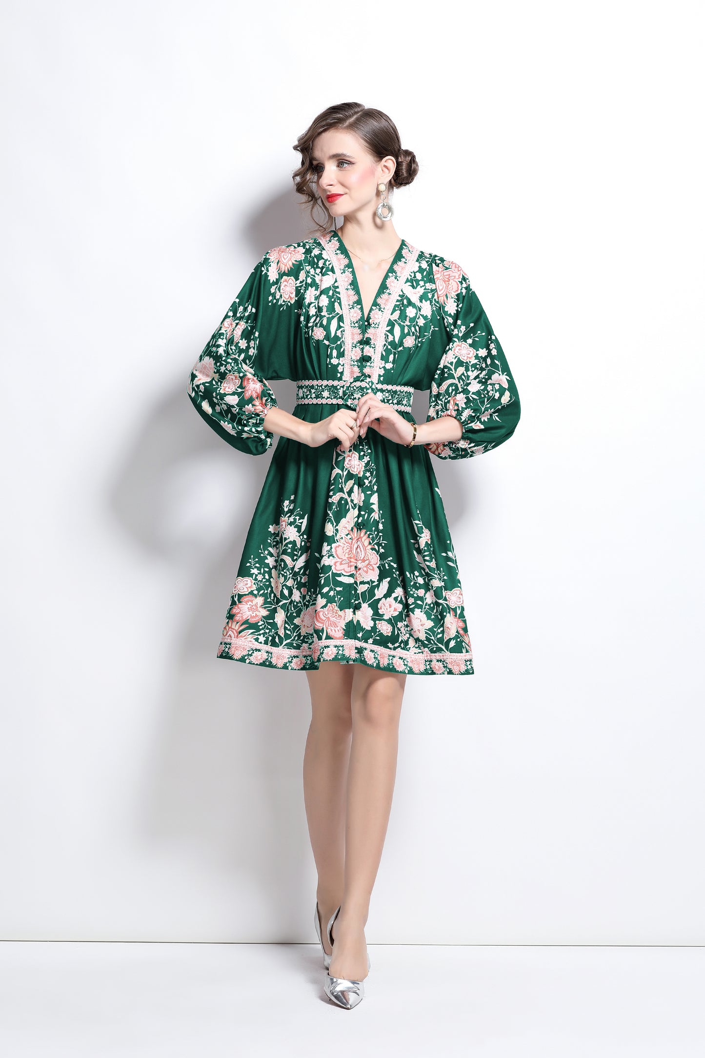 Women's V-Neck Floral Print Lantern Sleeve Mini Dress