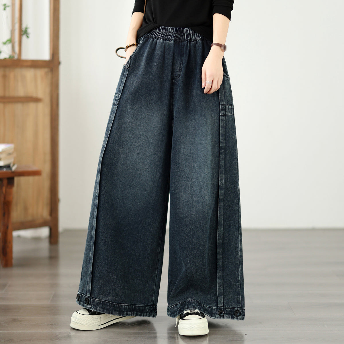 Vintage Wide Leg Pants - Women's Loose Fit Palazzo Trousers with Elastic Waist